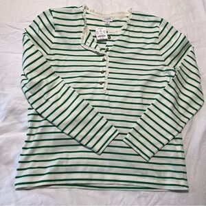 J Crew Off White and Green Cotton Ruffle stripe long Sleeve Shirt- Medium NWT